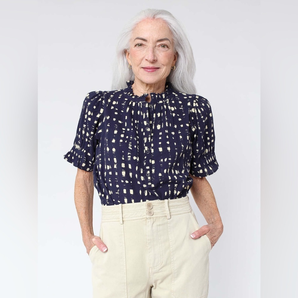 Apiece Apart Dark Blue and Cream Patterned Blouse